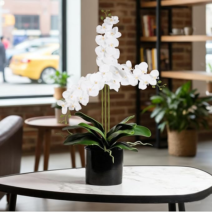 4PCS Faux White Orchid Artificial Flowers, 35inch Long Stem White Fake Orchid, Realistic Phalaenopsis Flowers for Tall Vase Home Wedding Party Decoration