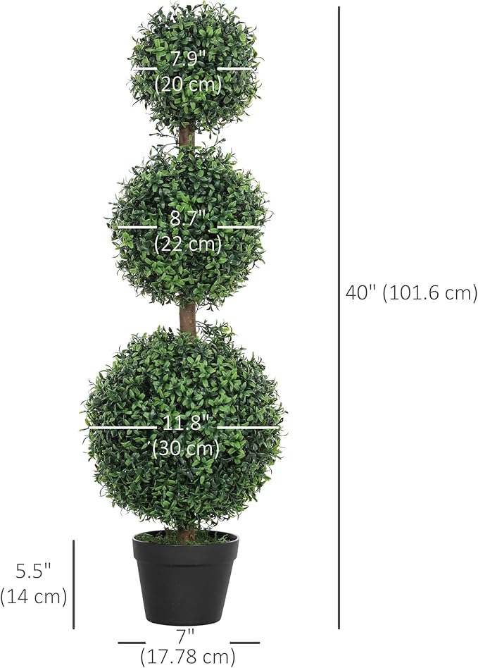 HOMCOM Artificial Plants Topiary Ball-Shaped Boxwood Trees in Pot Set of 2 Fake Plants for Home Indoor Outdoor Front Porch Decor, 40 Inch, Green