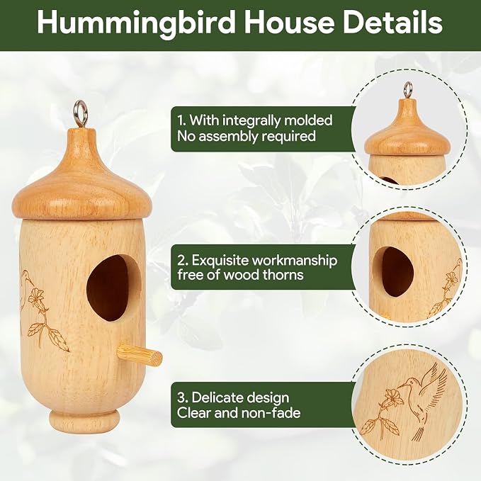 Hummingbird House, Small Hummingbird Houses for Outside, Wooden Bird House with Bow, String, Cute Gardening Gifts Home Decoration
