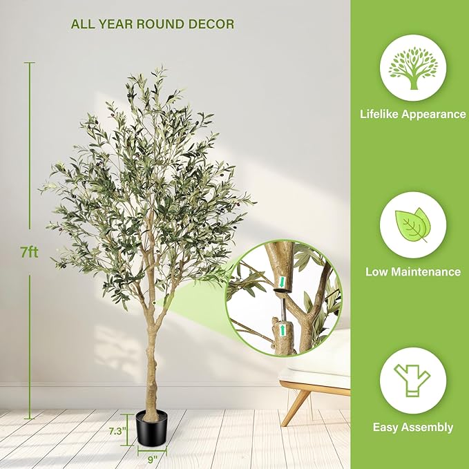 FEELEAD Faux Olive Tree 7ft - Realistic Artificial Olive Tree 7 Feet Indoor (84") - Tall Fake Potted Olive Silk Tree Artificial Indoor with Natural Wood Trunk for Home Office Decor