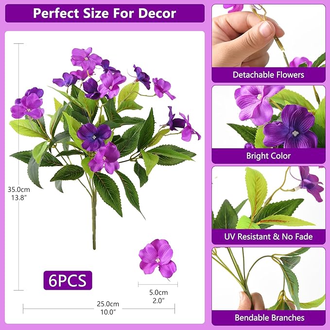 Hommyea Artificial Fake Flowers for Outdoor, 6 Bundles UV Resistant Faux Plants Decoration Silk Flowers No Fade Plastic Flowers for Outside Planters Home Porch Patio Yard Garden Decor(Purple)