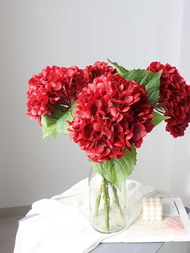 Buart 4PCS Long Stem Big Size Flowers Artificial Silk Hydrangea Lifelike Flowers Real Touch Red Artificial Flowers Wedding Shower Bride Bouquets Office Living Room Table Decorations (21 Inch)