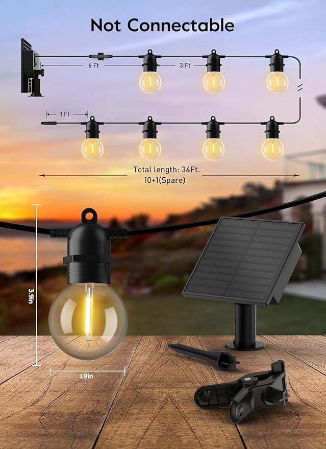 Brightown 34FT Outdoor Solar String Lights - LED G40 Pro Patio Energy Saving with 11 Shatterproof Bulbs, 3 Light Modes Waterproof Hanging Lights for Outside Garden Backyard Decor - Last for 20Hrs+