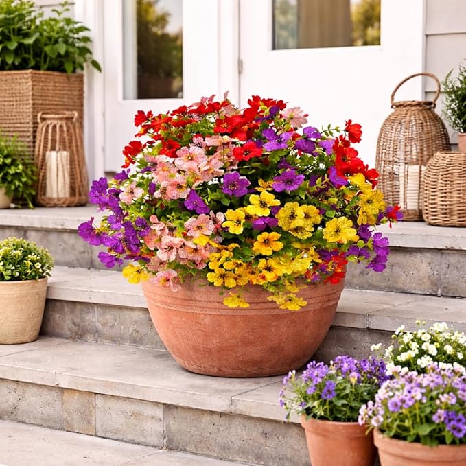 Artificial Flowers for Outdoors, 8 Bundles Faux Silk Spring Flowers for Outside for Planter Front Door Porch Yard Patio Window Box Home Decor