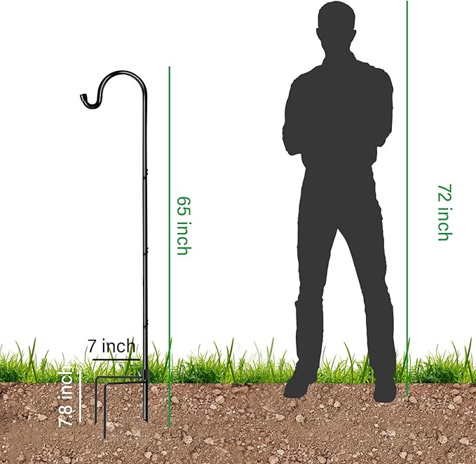 GOFORWILD Shepherd’s Hooks 6 Pack Black, 65 inches Tall, Adjustable Garden Hook for Outdoor, Hanging Plant, Solar Lights, Lanterns, Bird Feeders, Garden Stake and Wedding Decor, 7015-3