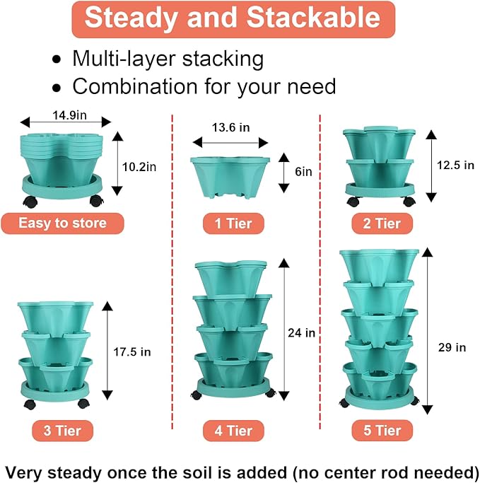 GameXcel Vertical Planter Tower - 5 Tier Stackable Garden Planters with Wheels and Tools Plant Pots for Strawberry Herb Flower and Vegetable Indoor Outdoor Use Teal