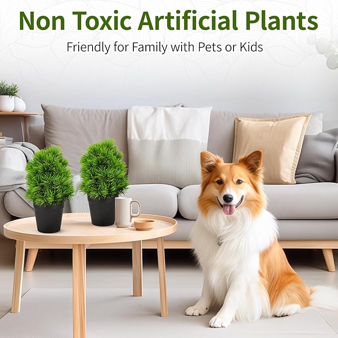 2 Pack Realistic Artificial Potted Plants Simulation Welcoming Pine,9.5" Small Faux Greenery for Desk Office Home Christmas Decorations, Pet Friendly Faux Cedar Shrubs in Pot (Maintenance Free)