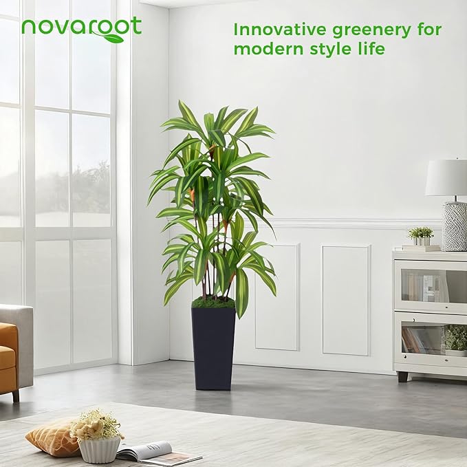 Artificial Dracaena Tree with Lights, 5Ft Fake Plants with Black Tall Planter - Fake Tree Tall Faux Plants Indoor Floor Plant with Moss - Artificial Plants Indoor for Office Living Room Home Decor