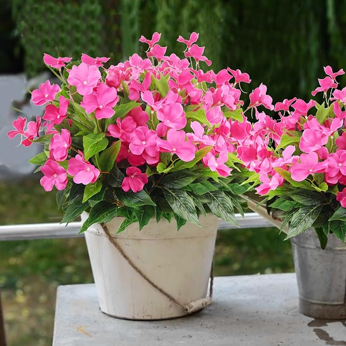 CITYES 4 Pcs Artificial Flowers Outdoor Impatiens UV Resistant Silk Impatiens Flowers Rose Red Faux Flowers Impatiens Bushes Artificial Impatiens for Pot Patio Lawn Garden Hanging Basket Porch Decor