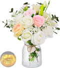 Livole 22Pcs Fake Flowers with Vase Silk White Artificial Flowers in Vase with Light Fake Plant Eucalyptus Flower Arrangement for Table Centerpieces Decor for Living Room Coffee Home Farmhouse