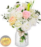 Livole 22Pcs Fake Flowers with Vase Silk White Artificial Flowers in Vase with Light Fake Plant Eucalyptus Flower Arrangement for Table Centerpieces Decor for Living Room Coffee Home Farmhouse