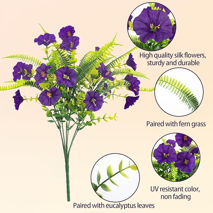 Artificial Flowers for Outdoors 12 Bundles Artificial Petunias Fake Flowers UV Resistant Shrubs Plants with Fern for Indoor Outside Hanging Planters Home Garden Summer Decorations (Purple)
