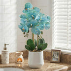 Orchids Artificial Plant in Ceramic Pot 18.5" Faux Orchid Phalaenopsis Flowers Arrangement for Home Office Table Centerpiece Indoor Decor, Teal Blue