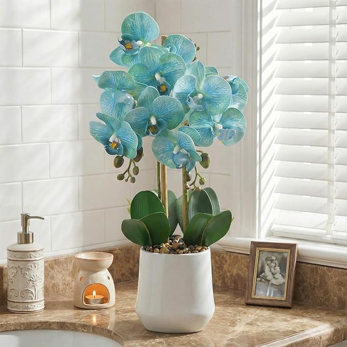 Orchids Artificial Plant in Ceramic Pot 18.5" Faux Orchid Phalaenopsis Flowers Arrangement for Home Office Table Centerpiece Indoor Decor, Teal Blue