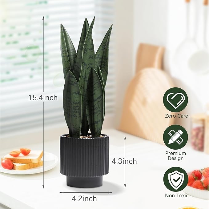 Artificial Plants Sansevieria Snake Plant with Black Ceramic Pot Desk Small Fake Plant for Indoor Living Room Kitchen Bathroom Farmhouse Home Decor