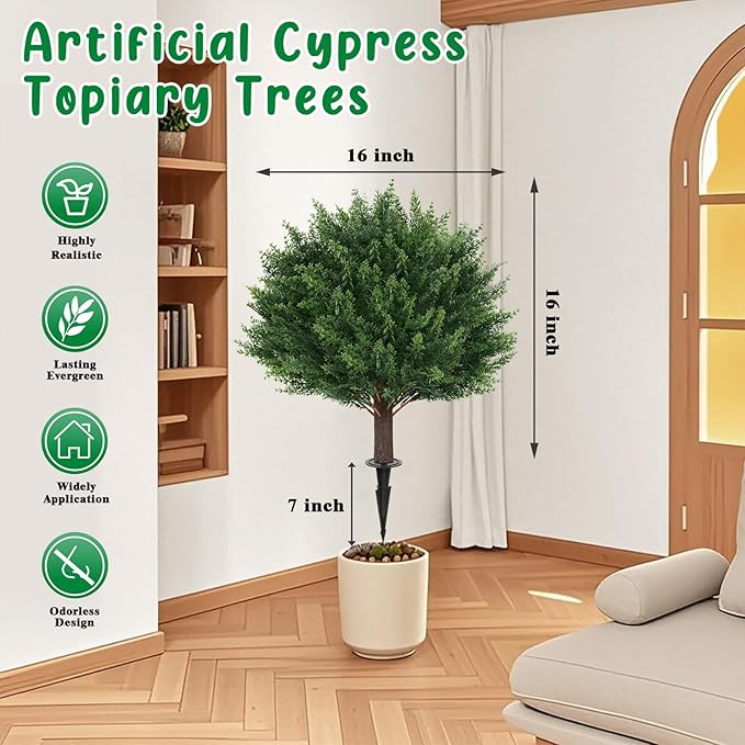 Grooy Artificial Cypress Topiary Tree with Ground Spike, Set of 2 Artificial Shrub Bushes, Fake Evergreen Tree for Porch, Artificial Plants for Outdoor Planters Indoor UV Resistant