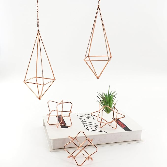 5Pcs Metal Air Plants Hanging Holders and Stands Set (2 Wall Hangers with Chains + 3 Table Stands), Rose Gold Geometric Home Decor for Windows/Wedding, 2.75 Inch Rust-Resistant Display Rack