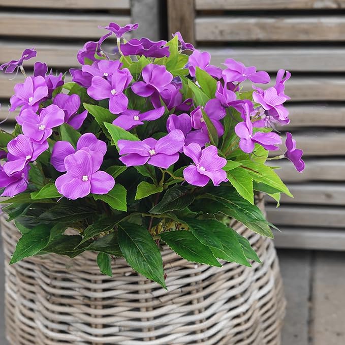 CITYES 4 Pcs Artificial Flowers Outdoor Impatiens UV Resistant Silk Impatiens Flowers Purple Faux Flowers Impatiens Bushes Artificial Impatiens for Pot Patio Lawn Garden Hanging Basket Porch Decor