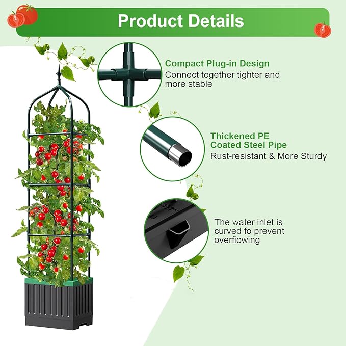 Raised Garden Bed Planter Boxes with Trellis,1pcs 70.9" Self-Watering Tomato Planter Boxes with Trellis for Climbing Vegetables Plants Flowers Tomato,Use for Indoor Outdoor (Black)