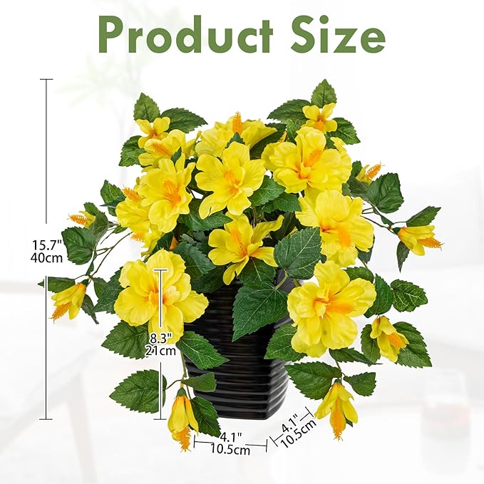 Briful 15.7'' Artificial Hibiscus Plant in Tall Black Woven Planter, Tropical Faux Hibiscus Flowers with Cascading Leaves, Small Fake Flower Pot for Bathroom, Entryway Table, Living Room Decor, Yellow