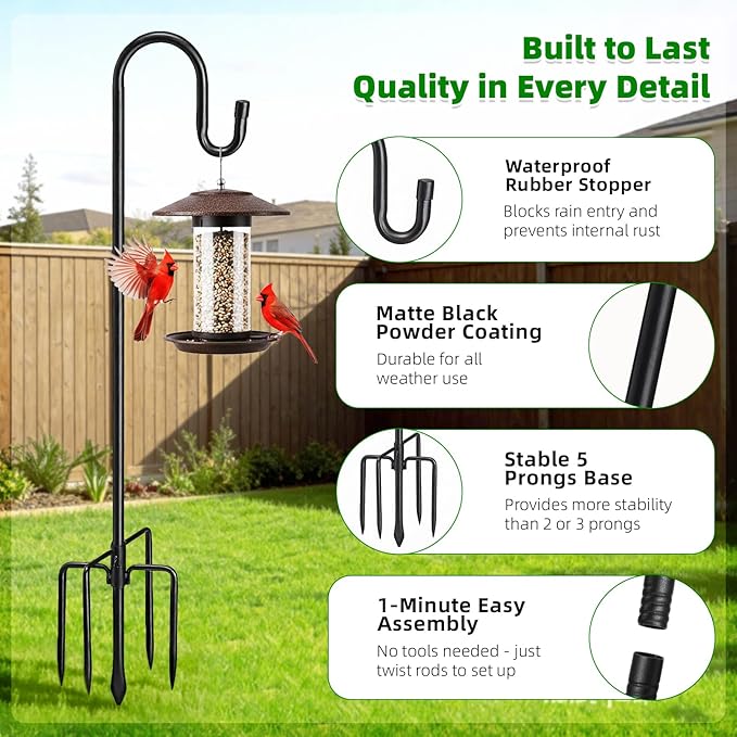 COCONUT 62" Shepherds Hooks for Outdoor, Bird Feeder Pole with 5 Prong Base, Adjustable Height Shepherds Hook for Hummingbird Feeder, Bird Feeder, Lightweight Plant, Wind Chimes, Lanterns (1 Pack)