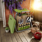 Garden Tool Set with Folding Kneeler Stool Green Steel Frame Oxford Fabric 8PCS Gardening Tools with Insulated Tote Bag Knee Mat for Outdoor Gardening Camping Fishing