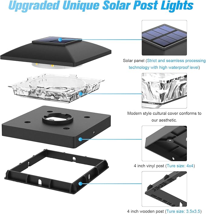 VOLISUN 4x4 Solar Post Cap Light 8pack,Solar Fence - Post Lights Outdoor Waterproof for Wooden/Vinyl Post,Black Deck Post Cap Light Solar Powered with Warm White for Garden/Patio/Porch