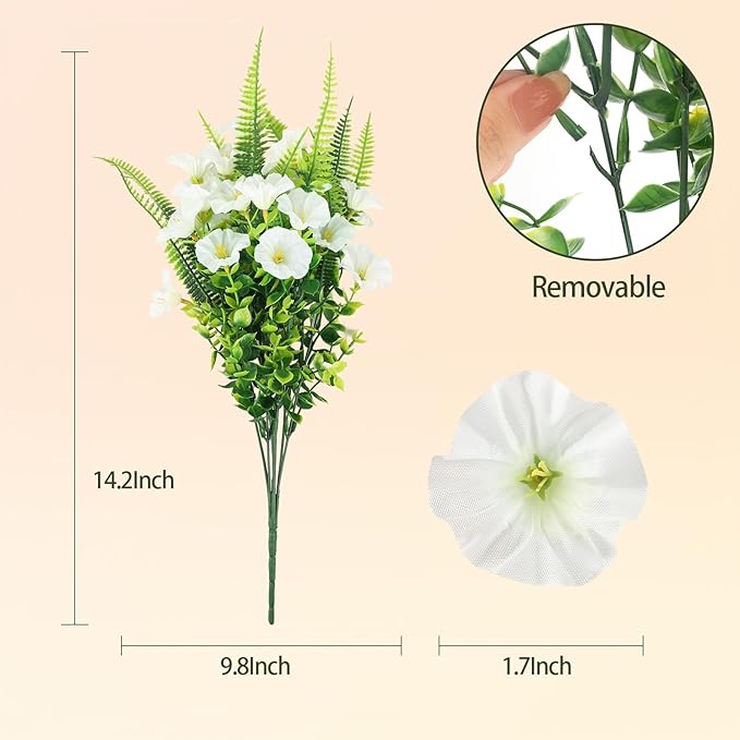 Artificial Flowers for Outdoors 12 Bundles White Artificial Petunias Fake Flowers UV Resistant Shrubs Plants with Fern for Indoor Outside Hanging Planters Home Garden Spring Decorations