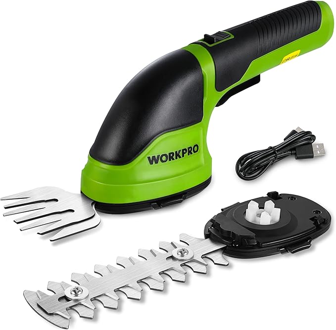 WORKPRO Cordless Grass Shear & Shrubbery Trimmer - 2 in 1 Handheld Hedge Trimmer Electric Grass Trimmer Hedge Shears/Grass Cutter Rechargeable Lithium-Ion Battery and Type-C Cable Included (Green)