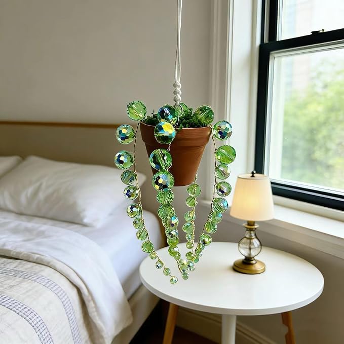 Bling Suncatcher String of Beads Plant Hanging, Handcrafted Crystal Succulent Sun Catchers for Window Hanging, Gardenn Crystal Sun Catcher Plant Lover Gift Mom Gifts (Green)