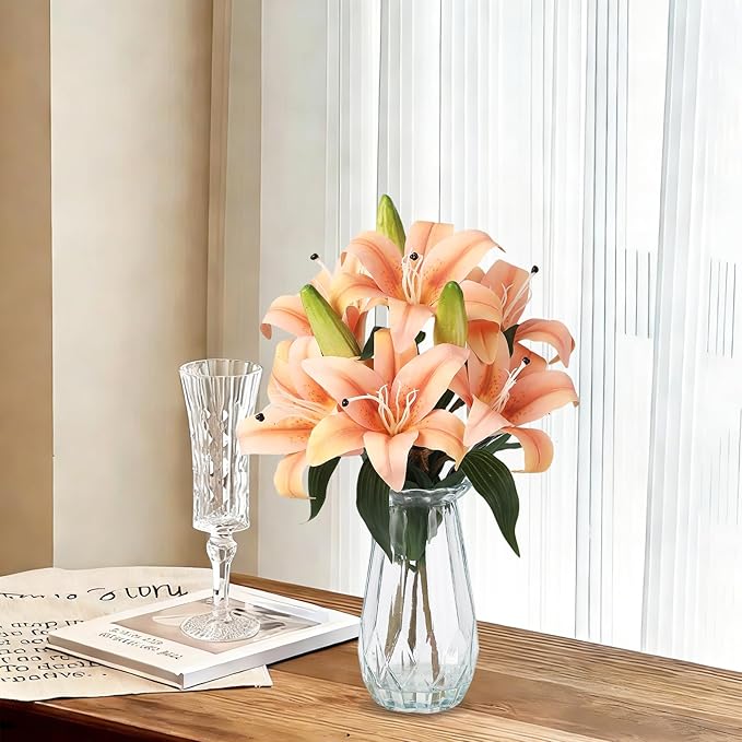 GarveeLife Artificial Tiger Lily Flowers with Vase, Real Touch Easter Lily Faux Flowers for Home Table Centerpieces Wedding Baby Shower Birthday Party Decoration, UV Resistant, 3 Stems with 6 Flowers