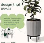 Veradek Demi Series Round Planter w/Stand for Porch/Patio | Durable Plastic-Stone Composite & Wooden Stand | Modern Décor for Tall Plants, Flowers