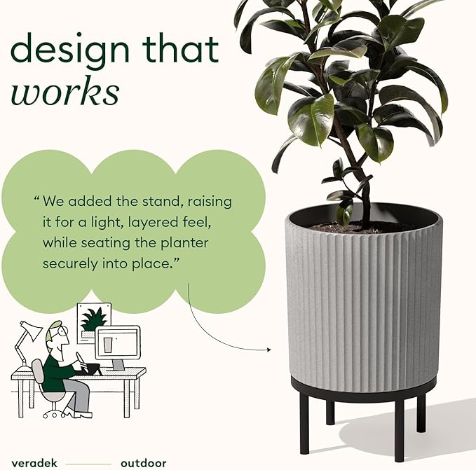 Veradek Demi Series Round Planter w/ Stand for Porch/Patio | Durable Plastic-Concrete & Wooden Stand | Modern Décor for Tall Plants, Flowers