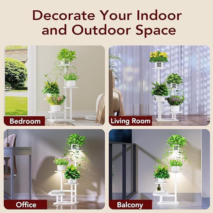 Homsorout Plant Stand Indoor with Grow Light, 4-Tiered Tall Plant Stand Indoor, Metal Plant Shelf with Adjustable Light, Ideal for Living Room, Garden, Patio white