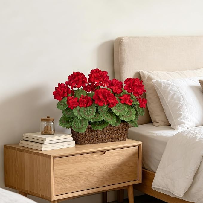 Briful Artificial Geraniums Flowers in Woven Basket Planter, Real Faux Red Silk Geranium Blooms for Outdoor Patio Porch, 13.8" Fake Potted Plant for Home Office Indoor Window Table Centerpiece Décor