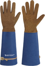 HANDLANDY Long Gardening Gloves for Men & Women, Pigskin Leather Rose Pruning Gloves, Breathable Thorn Proof Gauntlet Glove (Blue, M)