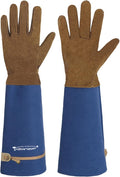 HANDLANDY Long Gardening Gloves for Men & Women, Pigskin Leather Rose Pruning Gloves, Breathable Thorn Proof Gauntlet Glove (Blue, XL)