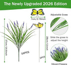 16 Bundles Artificial Outdoor Plants and 2 Pcs Butterfly Stakes Fake Monkey Grass with Flowers UV Resistant Faux Plant Greenery for Outside Planter Porch Patio Garden Window (Purple)