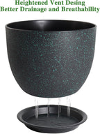 UOUZ 12inch Large Plant Pot, Modern Plastic Planter with High Driange Holes and Saucer for Indoor Outdoor Garden Plants and Flowers, Black with Green Speckles