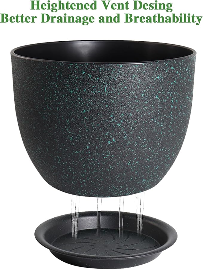 UOUZ 12/10/9 Large Modern Plant Pots, Plastic Planters with Drainage Holes and Saucers for Indoor Outdoor Plants Flowers, Black with Green Speckles