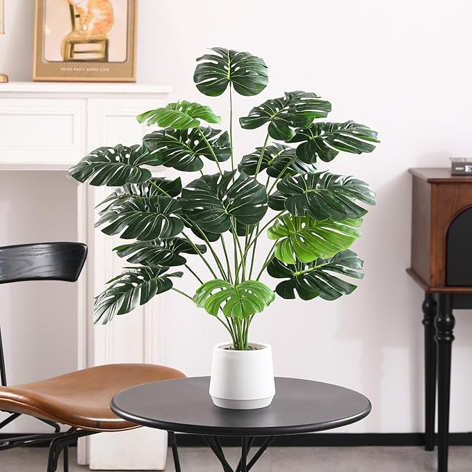 28'' Fake Plants Large Artificial Monstera Faux Plants Indoor Tall Plant, with White Planter Ideal, for Home Living Rooms, Patios, Porches, Bathrooms, and Outdoor Decor