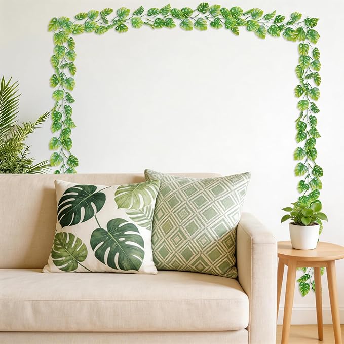 8Pcs Artificial Tropical Leaves Garland, 5.9FT Fake Monstera Leaves Vines Hanging Plant Ivy Faux Palm Leaf Greenery Garland for Garden Porch Patio Jungle Beach Birthday Party Indoor Outdoor