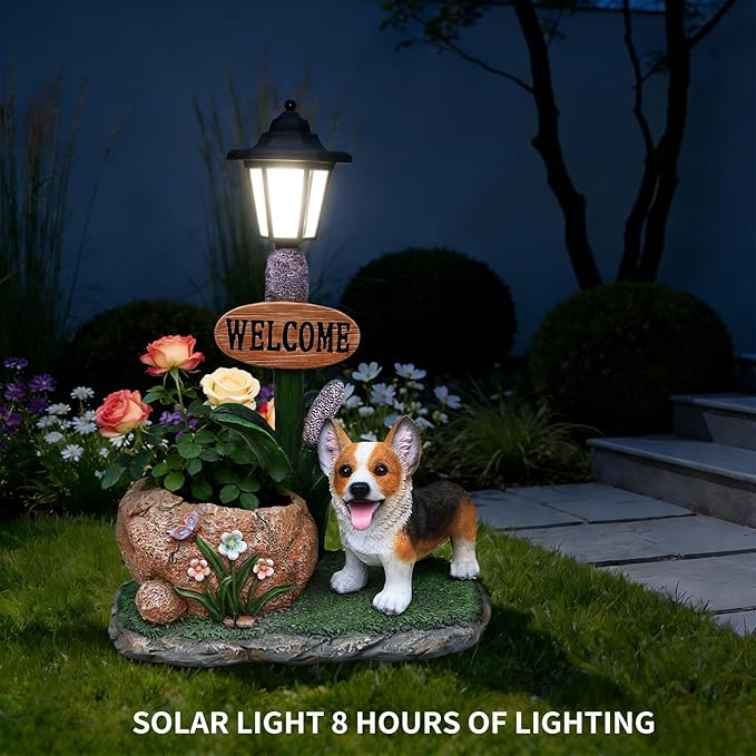 Animal Outdoor Statue Planter Solar Light Welcome Garden Sculpture Resin Flower Pot Decorative Porch Patio Yard Lawn Entryway Figurine with LED Lamp Rustic Plant Holder Ornament Courtyard (N)