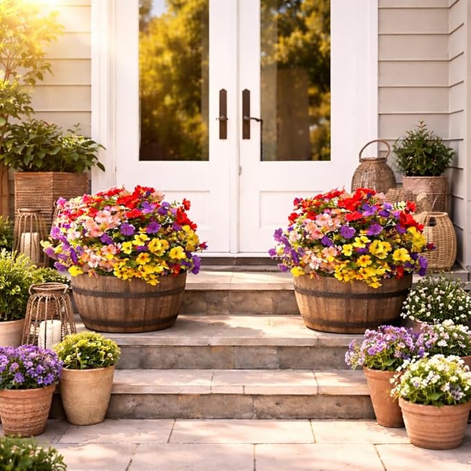 Artificial Flowers for Outdoors, 8 Bundles Faux Silk Spring Flowers for Outside for Planter Front Door Porch Yard Patio Window Box Home Decor