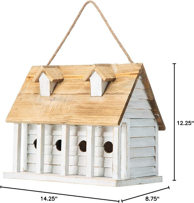 Glitzhome 14.25”L Wood Hanging Birdhouse for Outdoors Oversized Distressed Cottage Painted Bird House Rustic Bird House for Bluebird Wren Chickadee Sparrow Bird Nest Box for Garden Patio, Washed White