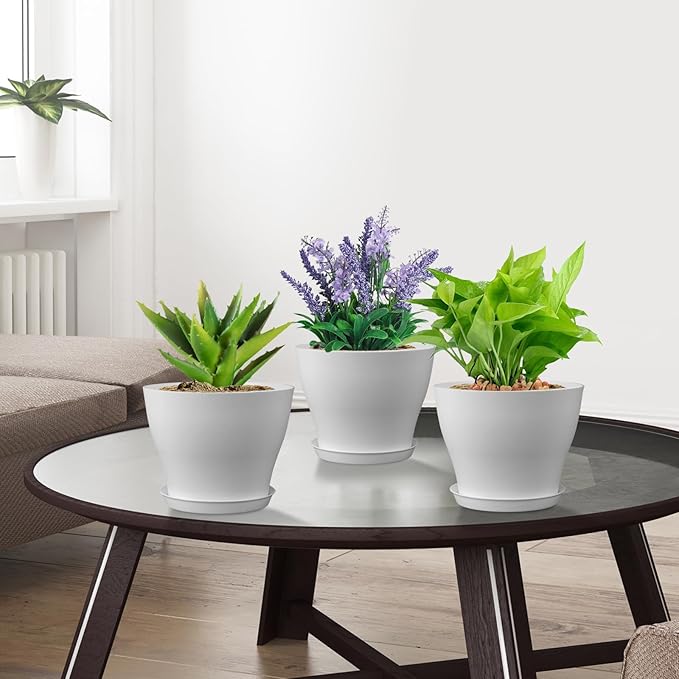 Meowell 6 inch Plastic Nursery Pots, 16 Pack Plant Pots for Small Indoor Outdoor Plants, Flower Pots with Drainage Holes and Saucers, Decorative Seedling Starter Planters for House Plants, White