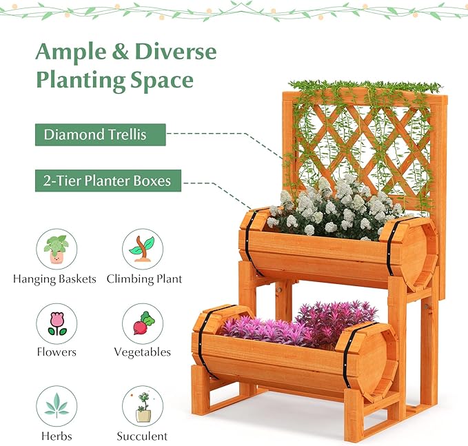 S AFSTAR 2 Tier Raised Garden Bed with Trellis, Wooden Planter Box with Diamond Lattice Trellis, Elevated Planter Bed for Vine Climbing Plants Flowers, Rise Garden Bed for Yard Balcony Patio, Orange