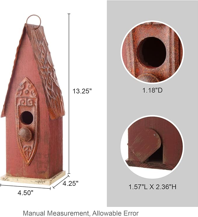 Glitzhome Bird Houses for Outside, Hand Painted Distressed Wooden Bird House for Outdoors, 13.25" H Hanging Birdhouse Bluebird House for Hummingbird,Sparrow,Wren Finch