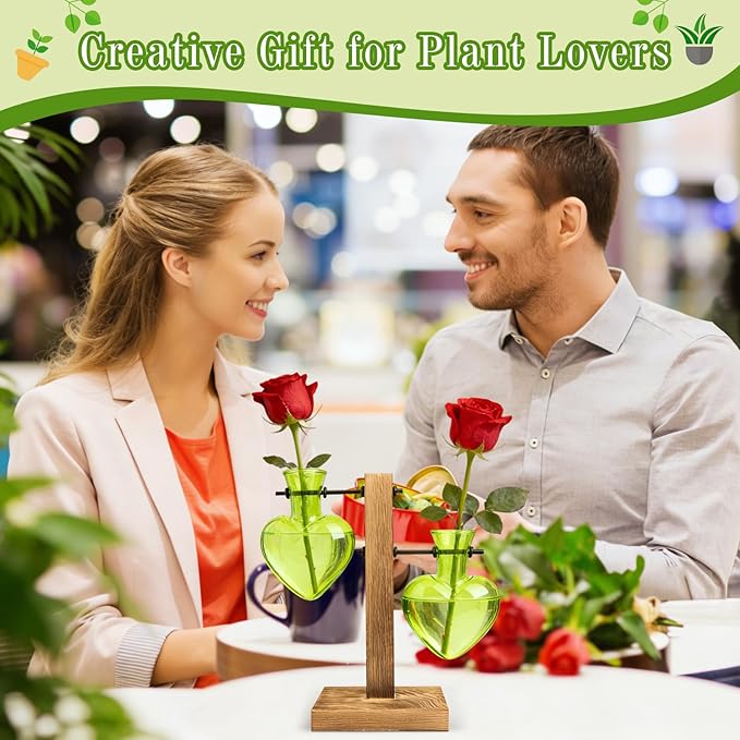 XXXFLOWER Plant Terrarium Propagation Station, Gifts for Mom Daughter Wife Plant Lover, Hydroponic Planter Bulb for Home Office Garden Decoration - 2 Green Love Bulb Vase with Wooden Stand