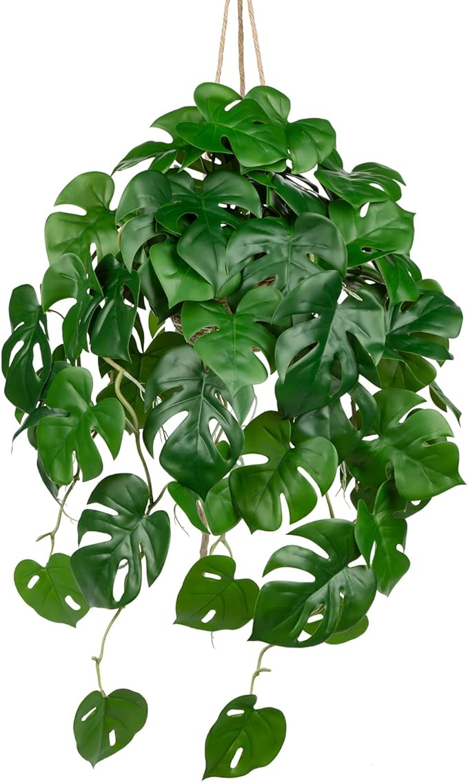 Large Fake Hanging Plants in Pot for Indoor & Outdoor, Long Artificial Hanging Monstera Plants, 27.6" Fake Potted Vines Ivy Greenery Plant for Room Wall Shelf Decor Living Room Bathroom Patio Porch